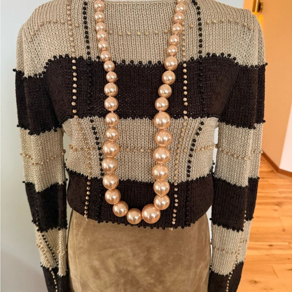 Chocolate Brown and Cream Striped Sweater w tiny wooden beads- Vintage Nannell - Picture 11 of 15